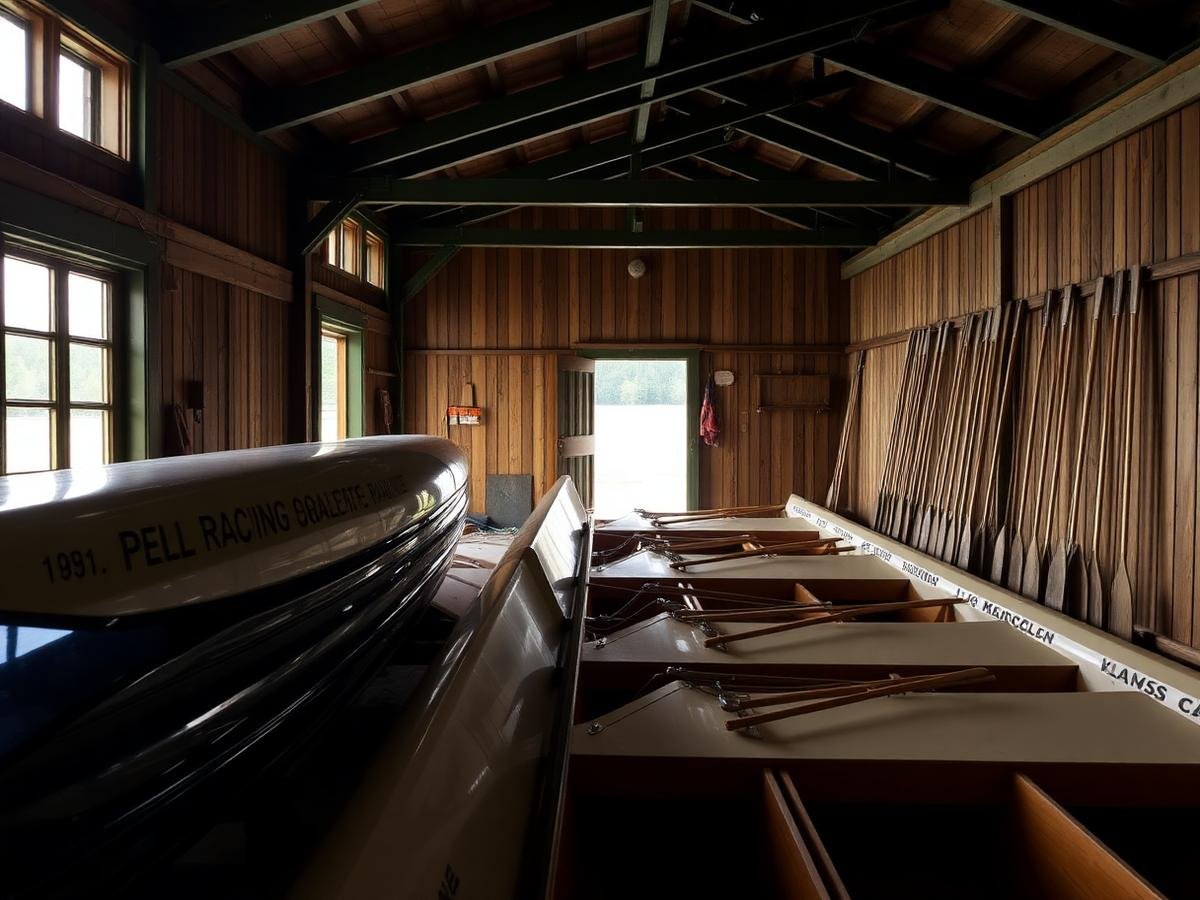 Racing shells and oars inside the club boathouse