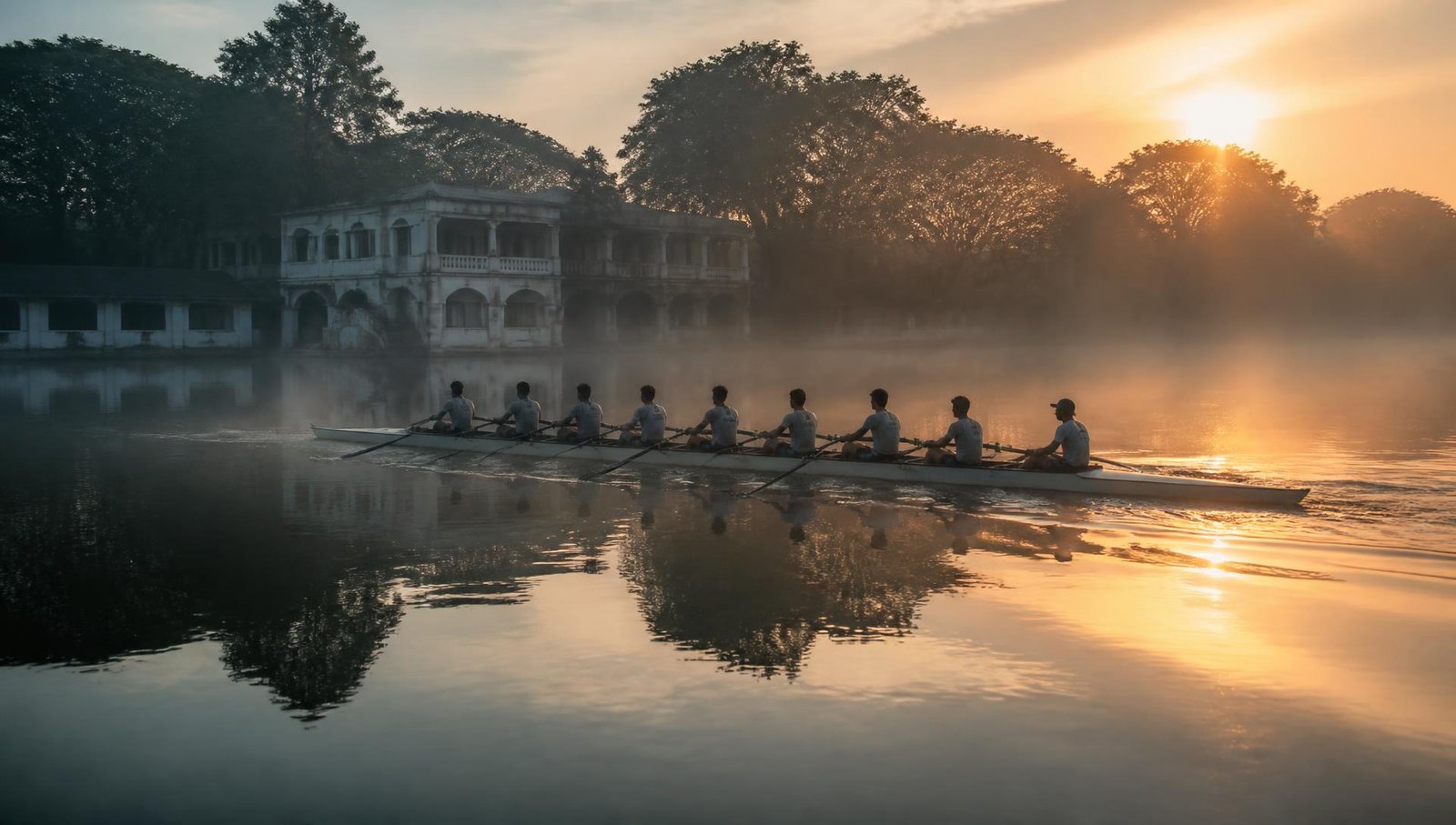A coxed eight rowing across Rabindra Sarobar at sunrise