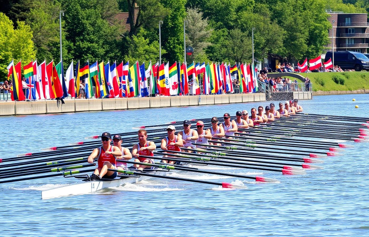 International crews racing on the lake with national flags along the bank